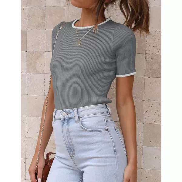 imageZESICA Womens Short Sleeve Crewneck T Shirt 2024 Summer Ribbed Knit Slim Fit Basic Solid Color Tee TopsDarkgrey