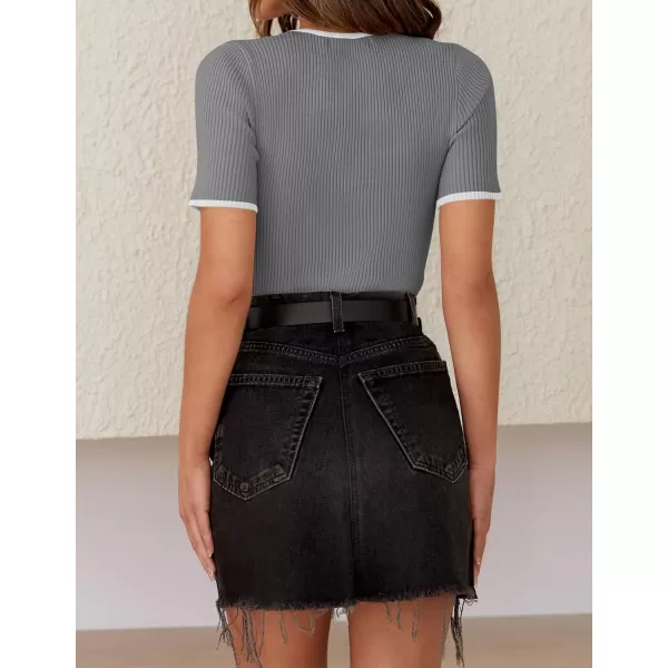 imageZESICA Womens Short Sleeve Crewneck T Shirt 2024 Summer Ribbed Knit Slim Fit Basic Solid Color Tee TopsDarkgrey
