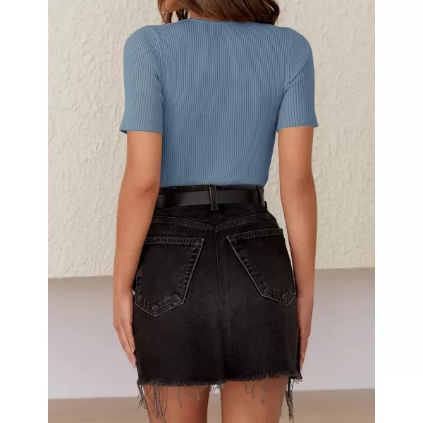 imageZESICA Womens Short Sleeve Crewneck T Shirt 2024 Summer Ribbed Knit Slim Fit Basic Solid Color Tee TopsDustyblue