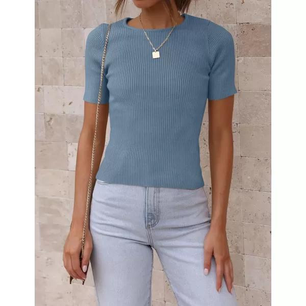 imageZESICA Womens Short Sleeve Crewneck T Shirt 2024 Summer Ribbed Knit Slim Fit Basic Solid Color Tee TopsDustyblue