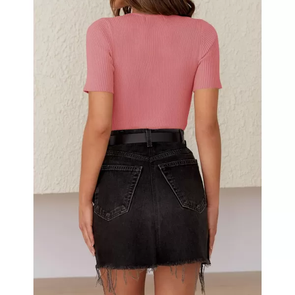 imageZESICA Womens Short Sleeve Crewneck T Shirt 2024 Summer Ribbed Knit Slim Fit Basic Solid Color Tee TopsDustypink