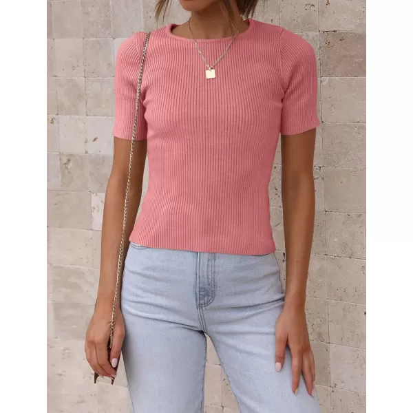 imageZESICA Womens Short Sleeve Crewneck T Shirt 2024 Summer Ribbed Knit Slim Fit Basic Solid Color Tee TopsDustypink