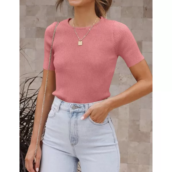 imageZESICA Womens Short Sleeve Crewneck T Shirt 2024 Summer Ribbed Knit Slim Fit Basic Solid Color Tee TopsDustypink