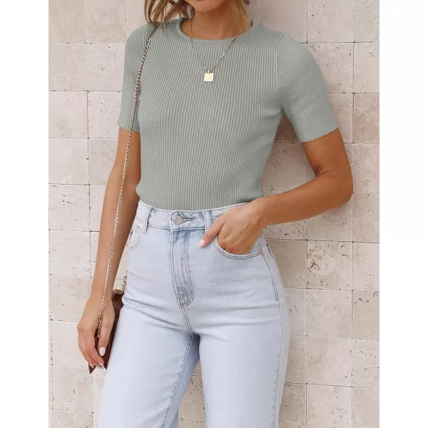 imageZESICA Womens Short Sleeve Crewneck T Shirt 2024 Summer Ribbed Knit Slim Fit Basic Solid Color Tee TopsGrey