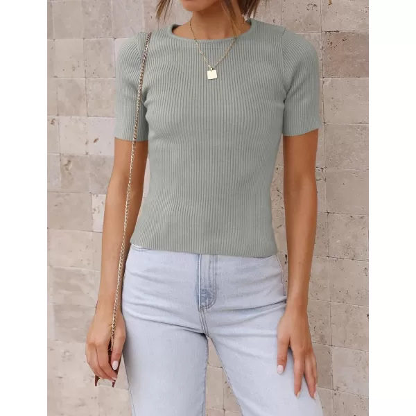 imageZESICA Womens Short Sleeve Crewneck T Shirt 2024 Summer Ribbed Knit Slim Fit Basic Solid Color Tee TopsGrey