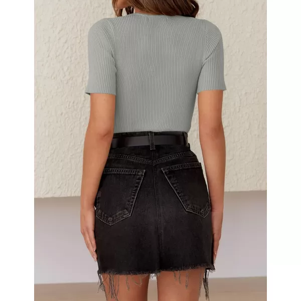 imageZESICA Womens Short Sleeve Crewneck T Shirt 2024 Summer Ribbed Knit Slim Fit Basic Solid Color Tee TopsGrey