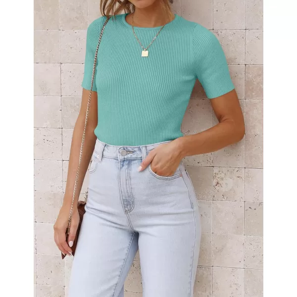 imageZESICA Womens Short Sleeve Crewneck T Shirt 2024 Summer Ribbed Knit Slim Fit Basic Solid Color Tee TopsMint
