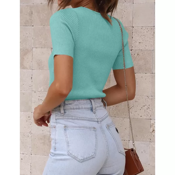 imageZESICA Womens Short Sleeve Crewneck T Shirt 2024 Summer Ribbed Knit Slim Fit Basic Solid Color Tee TopsMint