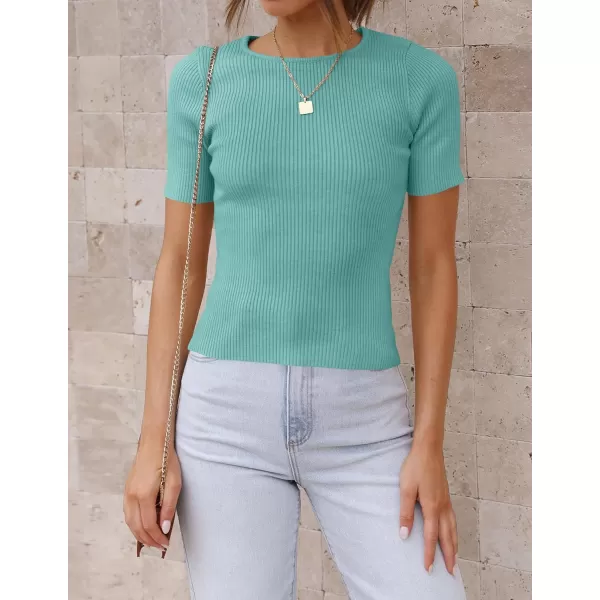 imageZESICA Womens Short Sleeve Crewneck T Shirt 2024 Summer Ribbed Knit Slim Fit Basic Solid Color Tee TopsMint