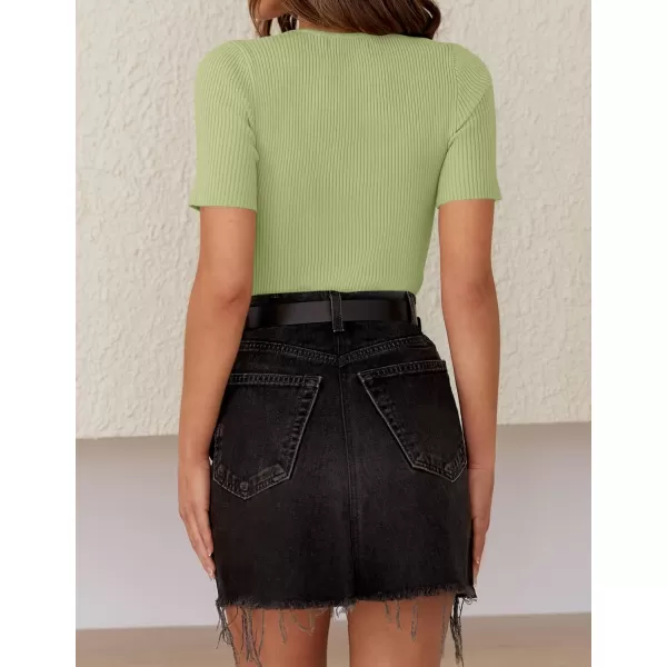 imageZESICA Womens Short Sleeve Crewneck T Shirt 2024 Summer Ribbed Knit Slim Fit Basic Solid Color Tee TopsMossgreen