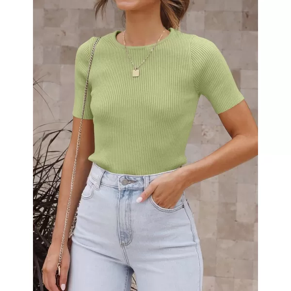 imageZESICA Womens Short Sleeve Crewneck T Shirt 2024 Summer Ribbed Knit Slim Fit Basic Solid Color Tee TopsMossgreen