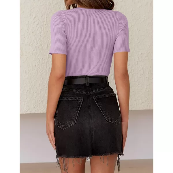 imageZESICA Womens Short Sleeve Crewneck T Shirt 2024 Summer Ribbed Knit Slim Fit Basic Solid Color Tee TopsPurple