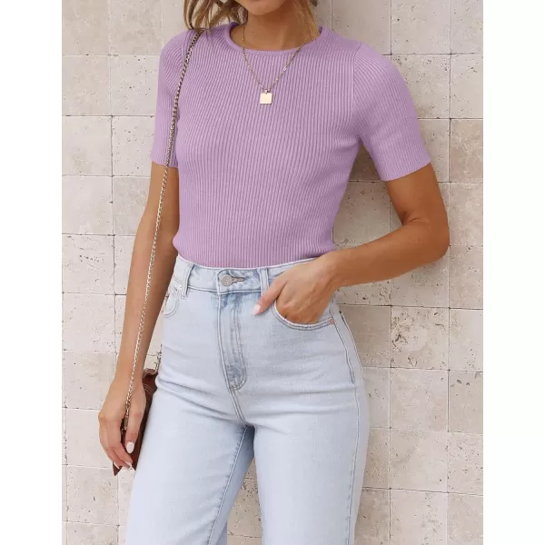 imageZESICA Womens Short Sleeve Crewneck T Shirt 2024 Summer Ribbed Knit Slim Fit Basic Solid Color Tee TopsPurple