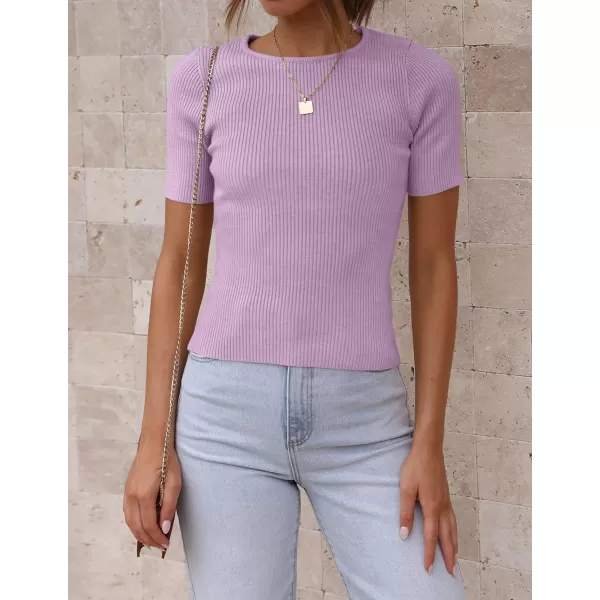 imageZESICA Womens Short Sleeve Crewneck T Shirt 2024 Summer Ribbed Knit Slim Fit Basic Solid Color Tee TopsPurple