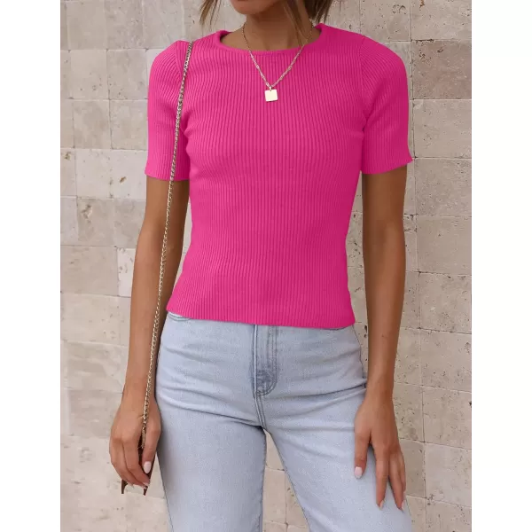 imageZESICA Womens Short Sleeve Crewneck T Shirt 2024 Summer Ribbed Knit Slim Fit Basic Solid Color Tee TopsRose