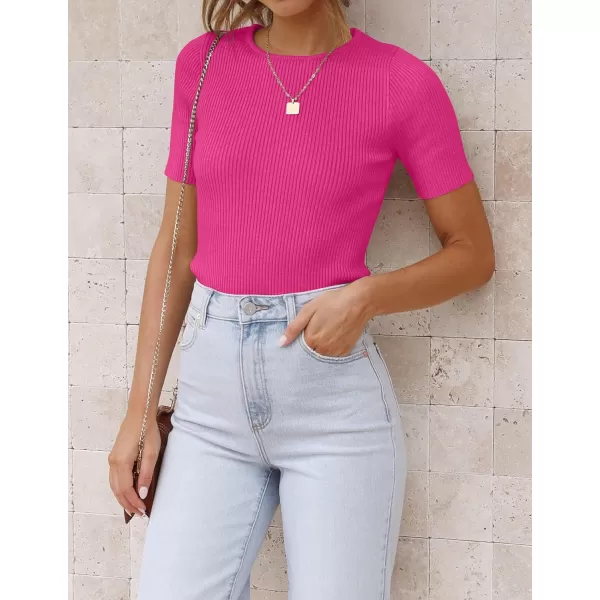imageZESICA Womens Short Sleeve Crewneck T Shirt 2024 Summer Ribbed Knit Slim Fit Basic Solid Color Tee TopsRose