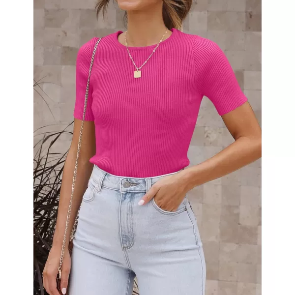 imageZESICA Womens Short Sleeve Crewneck T Shirt 2024 Summer Ribbed Knit Slim Fit Basic Solid Color Tee TopsRose