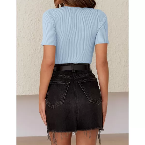 imageZESICA Womens Short Sleeve Crewneck T Shirt 2024 Summer Ribbed Knit Slim Fit Basic Solid Color Tee TopsSkyblue