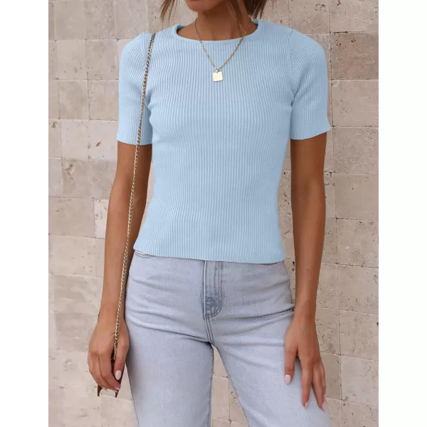 imageZESICA Womens Short Sleeve Crewneck T Shirt 2024 Summer Ribbed Knit Slim Fit Basic Solid Color Tee TopsSkyblue