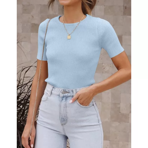 imageZESICA Womens Short Sleeve Crewneck T Shirt 2024 Summer Ribbed Knit Slim Fit Basic Solid Color Tee TopsSkyblue