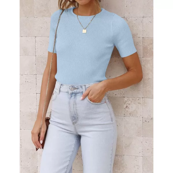imageZESICA Womens Short Sleeve Crewneck T Shirt 2024 Summer Ribbed Knit Slim Fit Basic Solid Color Tee TopsSkyblue