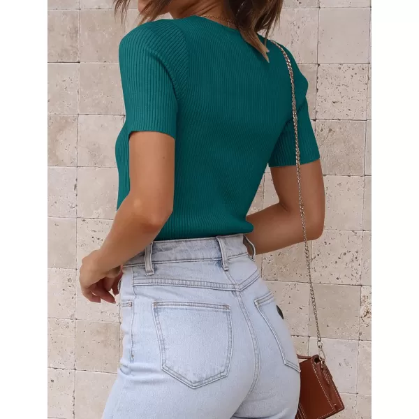 imageZESICA Womens Short Sleeve Crewneck T Shirt 2024 Summer Ribbed Knit Slim Fit Basic Solid Color Tee TopsTeal