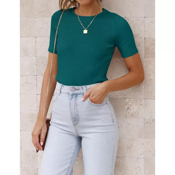 imageZESICA Womens Short Sleeve Crewneck T Shirt 2024 Summer Ribbed Knit Slim Fit Basic Solid Color Tee TopsTeal