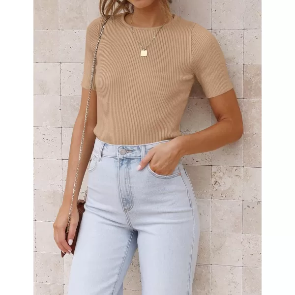 imageZESICA Womens Short Sleeve Crewneck T Shirt 2024 Summer Ribbed Knit Slim Fit Basic Solid Color Tee TopsToffee