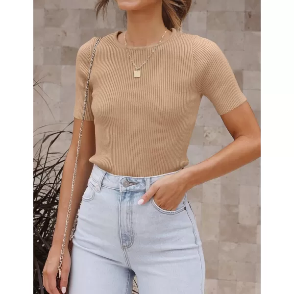 imageZESICA Womens Short Sleeve Crewneck T Shirt 2024 Summer Ribbed Knit Slim Fit Basic Solid Color Tee TopsToffee
