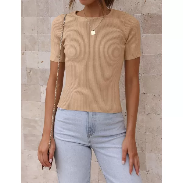 imageZESICA Womens Short Sleeve Crewneck T Shirt 2024 Summer Ribbed Knit Slim Fit Basic Solid Color Tee TopsToffee