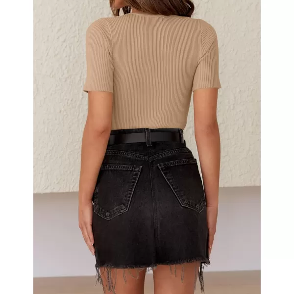 imageZESICA Womens Short Sleeve Crewneck T Shirt 2024 Summer Ribbed Knit Slim Fit Basic Solid Color Tee TopsToffee