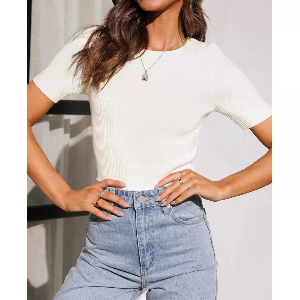 imageZESICA Womens Short Sleeve Crewneck T Shirt 2024 Summer Ribbed Knit Slim Fit Basic Solid Color Tee TopsWhite
