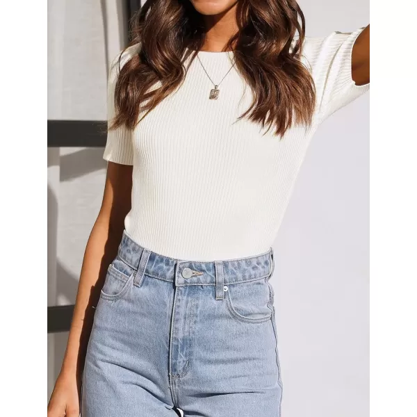 imageZESICA Womens Short Sleeve Crewneck T Shirt 2024 Summer Ribbed Knit Slim Fit Basic Solid Color Tee TopsWhite