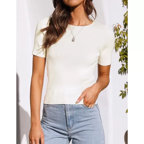 imageZESICA Womens Short Sleeve Crewneck T Shirt 2024 Summer Ribbed Knit Slim Fit Basic Solid Color Tee TopsWhite