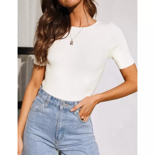 imageZESICA Womens Short Sleeve Crewneck T Shirt 2024 Summer Ribbed Knit Slim Fit Basic Solid Color Tee TopsWhite