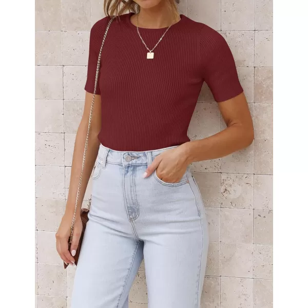 imageZESICA Womens Short Sleeve Crewneck T Shirt 2024 Summer Ribbed Knit Slim Fit Basic Solid Color Tee TopsWine