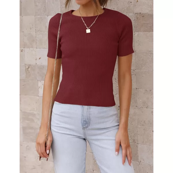 imageZESICA Womens Short Sleeve Crewneck T Shirt 2024 Summer Ribbed Knit Slim Fit Basic Solid Color Tee TopsWine