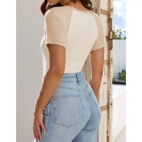 imageZESICA Womens Short Sleeve Ribbed Color Block Tops Summer Crewneck Knit T ShirtsBeige