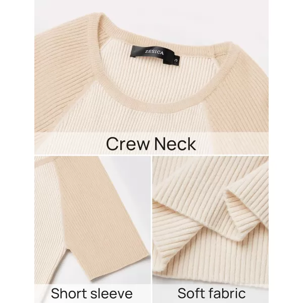 imageZESICA Womens Short Sleeve Ribbed Color Block Tops Summer Crewneck Knit T ShirtsBeige