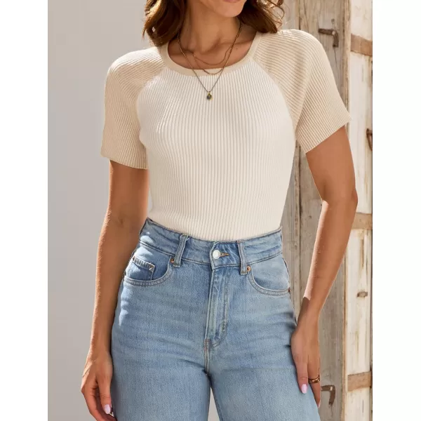 imageZESICA Womens Short Sleeve Ribbed Color Block Tops Summer Crewneck Knit T ShirtsBeige