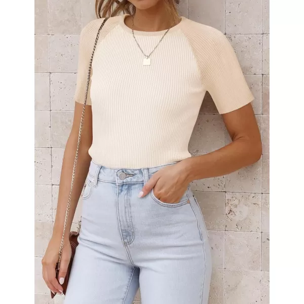 imageZESICA Womens Short Sleeve Ribbed Color Block Tops Summer Crewneck Knit T ShirtsBeige