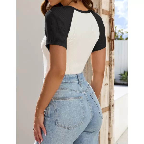 imageZESICA Womens Short Sleeve Ribbed Color Block Tops Summer Crewneck Knit T ShirtsBlack