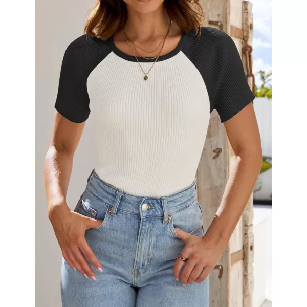 imageZESICA Womens Short Sleeve Ribbed Color Block Tops Summer Crewneck Knit T ShirtsBlack