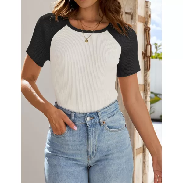 imageZESICA Womens Short Sleeve Ribbed Color Block Tops Summer Crewneck Knit T ShirtsBlack