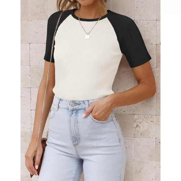imageZESICA Womens Short Sleeve Ribbed Color Block Tops Summer Crewneck Knit T ShirtsBlack