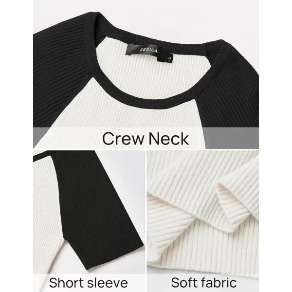 imageZESICA Womens Short Sleeve Ribbed Color Block Tops Summer Crewneck Knit T ShirtsBlack