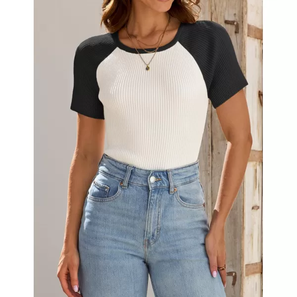imageZESICA Womens Short Sleeve Ribbed Color Block Tops Summer Crewneck Knit T ShirtsBlack