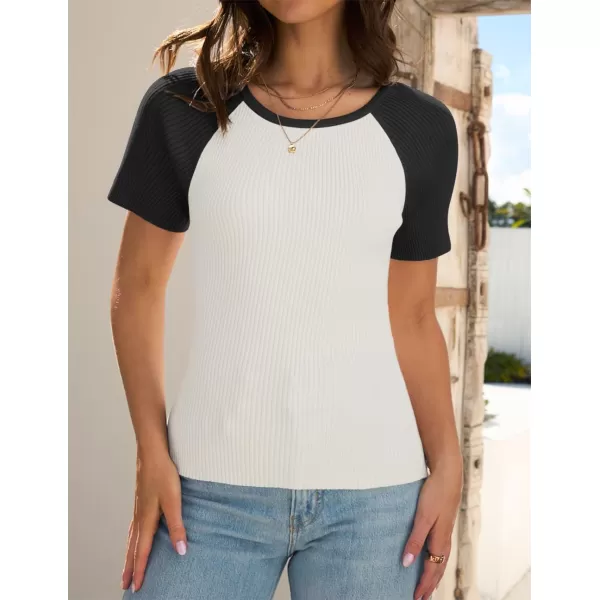 imageZESICA Womens Short Sleeve Ribbed Color Block Tops Summer Crewneck Knit T ShirtsBlack