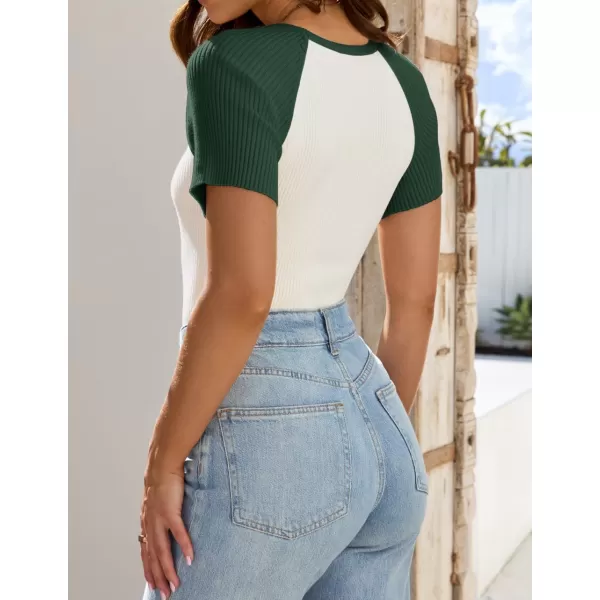 imageZESICA Womens Short Sleeve Ribbed Color Block Tops Summer Crewneck Knit T ShirtsGreen