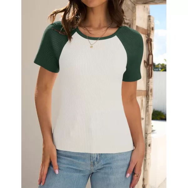 imageZESICA Womens Short Sleeve Ribbed Color Block Tops Summer Crewneck Knit T ShirtsGreen